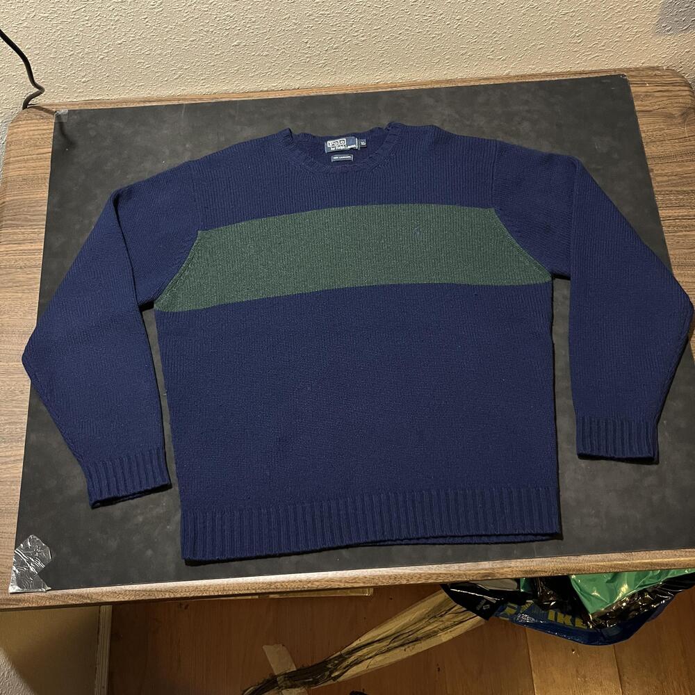 Vintage Polo Ralph Lauren Sweater Lambswool Stripe Knit Wool XL 1990s Blue Green